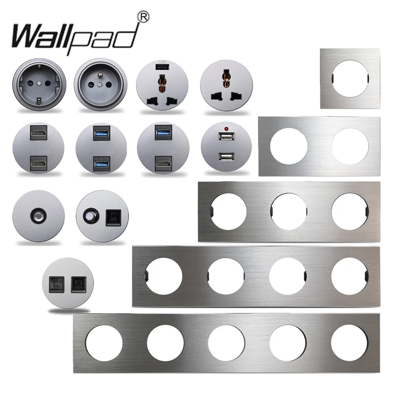 Wallpad L6 Silver Brushed Aluminum Wall Switch EU French Socket USB Charger RJ45 CAT6 HDMI Audio Modules DIY Free Combination