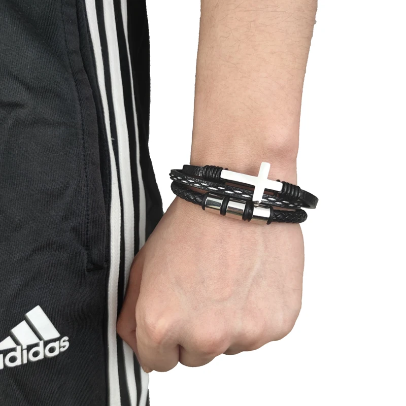 MingAo New Custom Engraved Family Name Beads Cross Bracelets Black Braided Leather Stainless Steel Bracelets for Men Fathers - Image 3