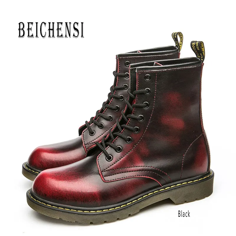 Wine Red Мужские модные высокие ботинки на шнуровке новые зимние короткие кожаные ботинки мужские военные ботинки походная обувь размера плюс: 38-47 - Цвет: Wine Red