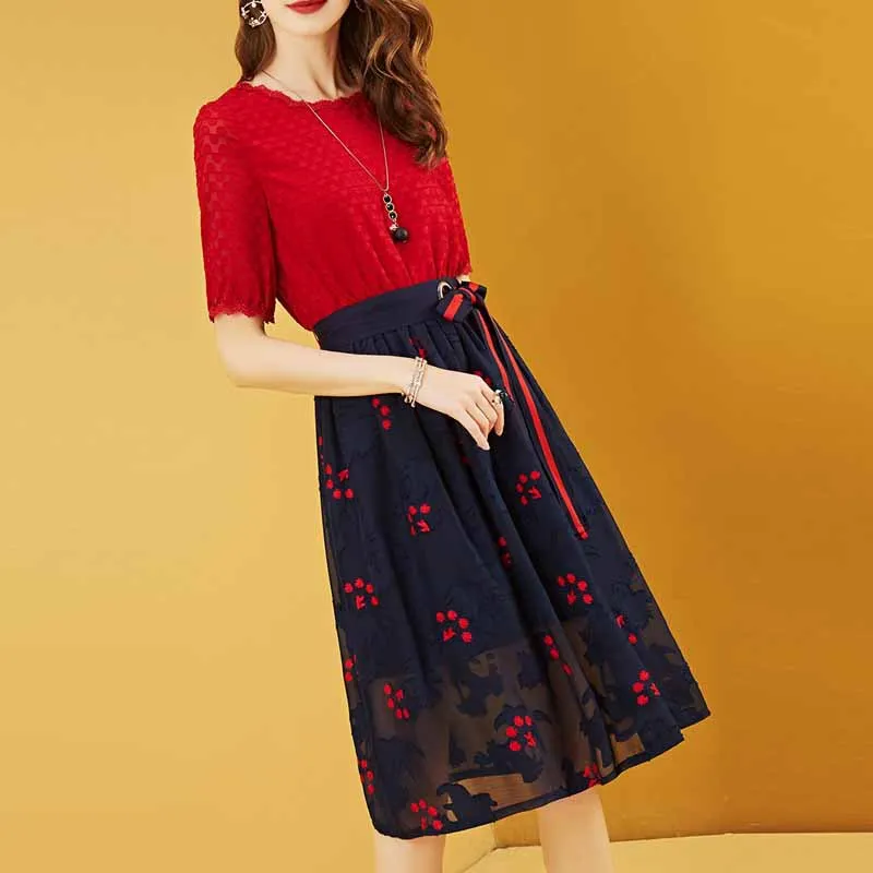 

WOMEN'S Dress 2019 Popular Skirt Floral Mesh Dress High-waisted Joint A- line Medium-length Dress Summer New Style Hot Selling