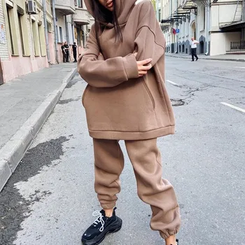 

HEFLASHOR Women Sweatshirts Suits Fashion Casual Loose Suit Solid Hoodies Long Pants 2 Piece Set Suits Female Sportsuit Outfits