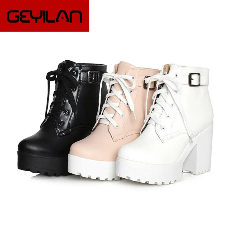 

Women Winter Short Ankle PU Martin Boots Ladies Warm Short Plush Buckle Lace-Up Platform Increase 10 CM High Heels Pumps Booties