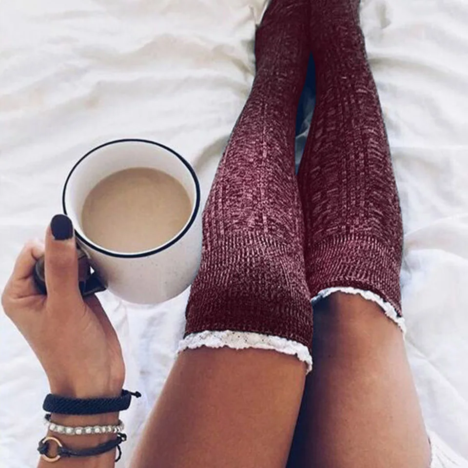 Ladies Knee High Lace Socks Women Over Knee Socks Thigh High Thick Lovely Girl Knitting Long Stockings Fashion