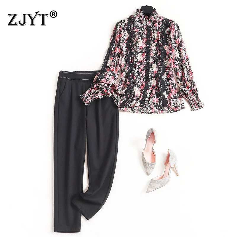 

High Street Fashion Spring Lady Pants Two Piece Outfits Women Ruffle Neck Lace Patchwork Print Chiffon Blouse and Pants Suit Set