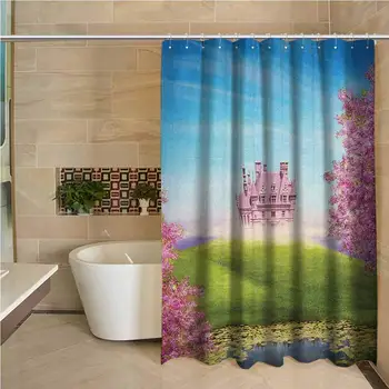 

Princess 3D Printed Shower Curtain Fairy Tale Landscape with Castle Cheery Blooms and Greenland Nature Romance Hotel Quality