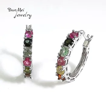 

Danmei Fine Jewelry Natural multicolor tourmaline gemstone hoop earring 925 Sterling Silver Small trendy earring for women gift