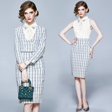 Высокое качество мода OL Стиль Женский комплект из двух предметов шикарный v-образный вырез твидовые Короткие топы и без рукавов твидовое платье комплект одежды SL252