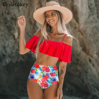 

Solid Print Bikini High Waist Swimwear Women Floral Set Ruffle Swimsuit Sleeveless Tube Top Beachwear Bathing Suit Biquini