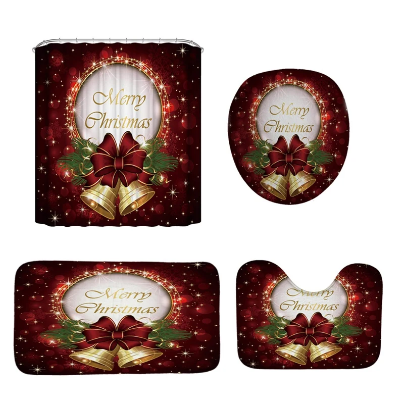 4Pcs Full Set Christmas Serie Printing Bathroom Shower Curtain Toilet Waterproof | Дом и сад