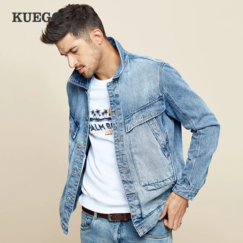 KUEGOU 2019 осень 100% хлопок вышивка синяя джинсовая куртка для мужчин и пальто Мужская