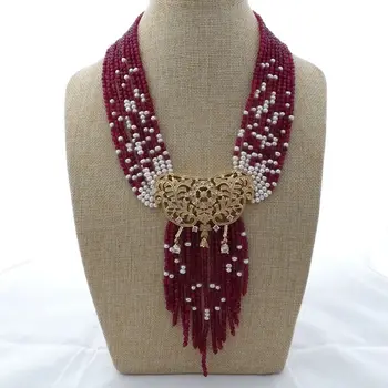 

19" 9 Strands Red Gems Stone Pearl Necklace CZ Pendant