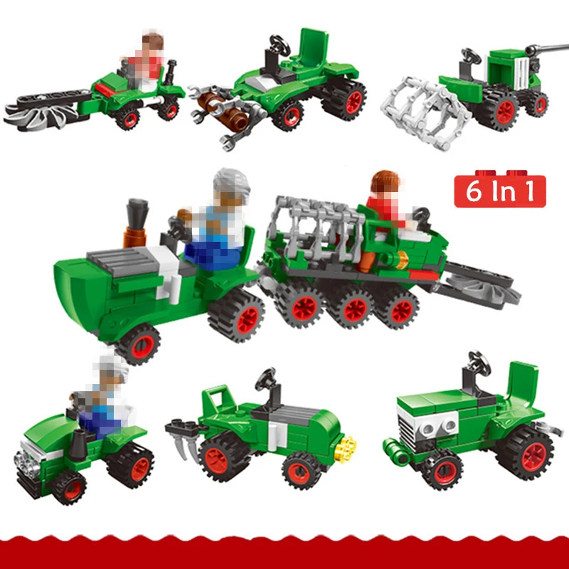 

6 In 1 Farm Car Driver Forklift Truck Harvester Assembling Building Blocks Modern Agriculture Model Toy Bricks For Kid Children