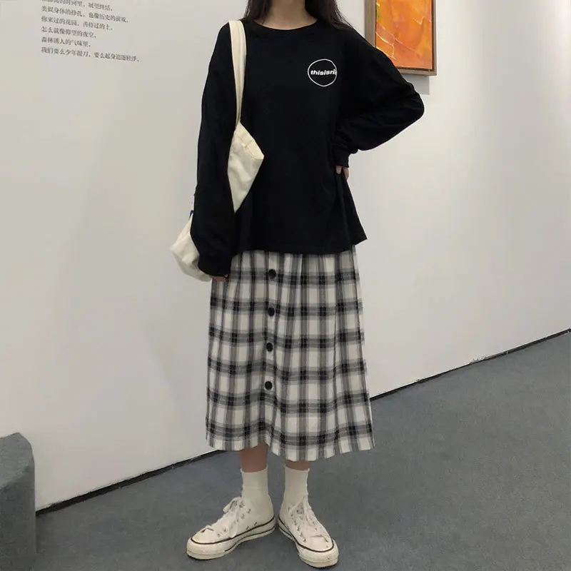 

Loose-Fit Korean-style Elastic Waist Single Breasted South Korea Pattern Japanese Style Denim Skirt Full Skirt qiu qun A- type H