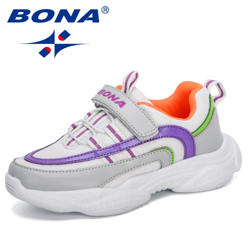 White purple BONA в новом дизайне Повседневная детская обувь, искусственная кожа, обувь для бега для маленьких мальчиков кроссовки, мягкая подошва, детская спортивная обувь для девочек - Цвет: White purple