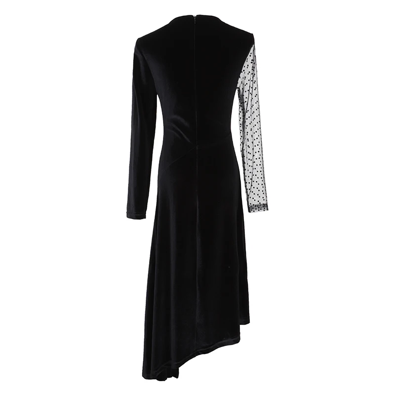 VERDEJULIAY Runway Velvet Dress Autumn Winter New Fashion Irregular Long Sleeve Dot Mesh Black Women Midi Slim Dress