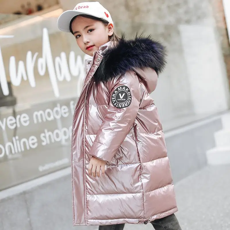 New Kids Thick Warm Duck Down Jackets Coat Winter Boys girl clothes Children parka real Fur Long Hooded Outerwear overcoat - Цвет: Pink