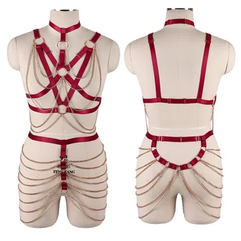 

Womens Full Body Harness Metal Chain Belt Crop Tops Cage Harness Bra Sexy Lingerie Set Elastic Adjust Strappy Bra Dance Rave
