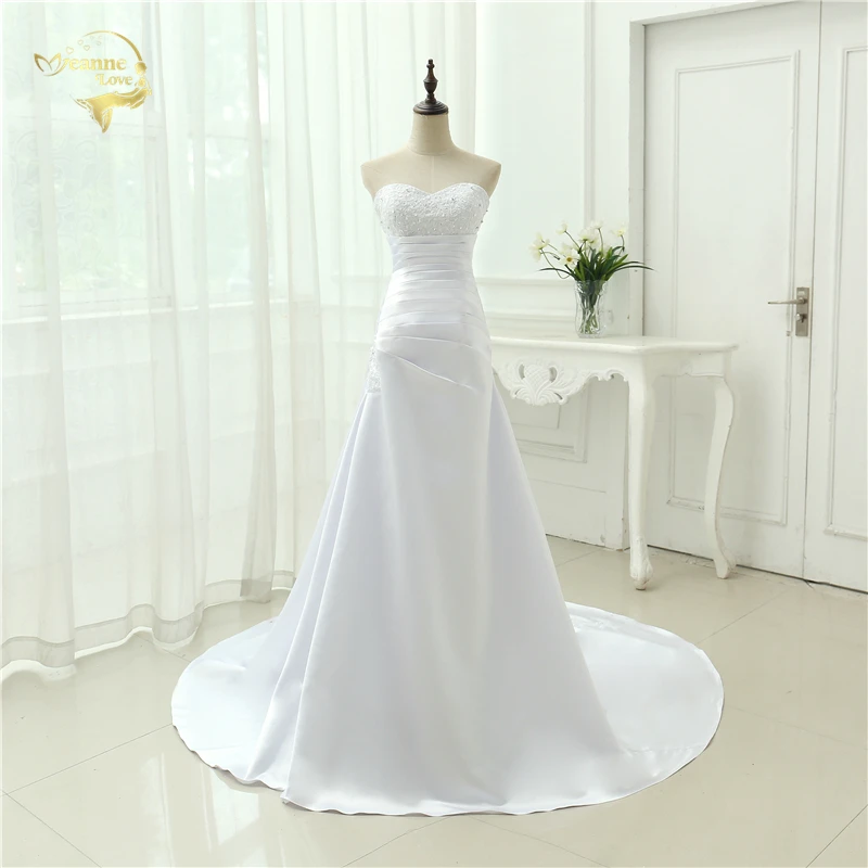 

Cheap Plus Size Wedding Dress 2016 Beaded Strapless Bodice A Line Satin Bridal Gowns Vestido De Noiva New Robe De Mariage OW1019