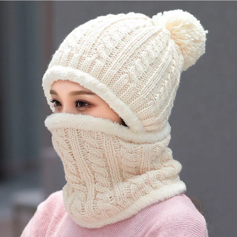 beige Утолщенная зимняя шапка и шарф для мужчин и женщин, шерсть, Skullies Beains, Повседневная теплая шапка, женская шапка, кольцо, шарфы, мужская вязаная шапка - Цвет: beige
