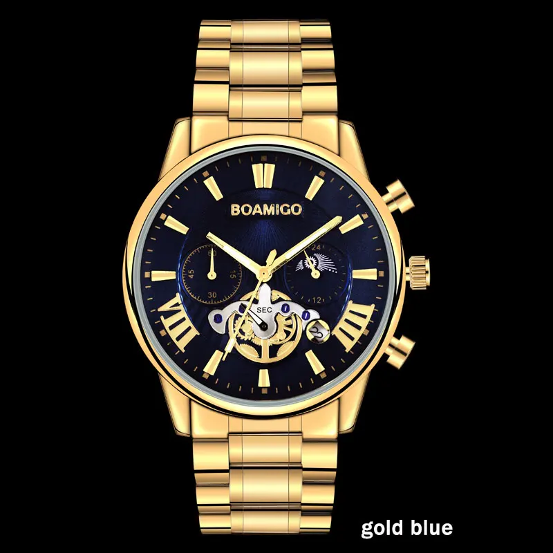 F933A gold blue BOAMIGO, мужские часы, Лидирующий бренд, Роскошные, водонепроницаемые, под платье, кварцевые, деловые, мужские часы, часы, повседневные, механические, турбийон, спортивные часы - Цвет: F933A gold blue