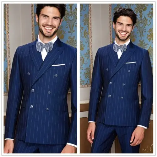 

Fashion Two Pieces Blue Stripe Slim Fit Men's Suits Tuxedos Custom new jacket+pants Wedding Suits For Men Formal Groom