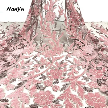 

2020 NanYu Lace Fabric Velvet Cutwork Yellow African Embroidered Tulle Lace Fabric With Sequins