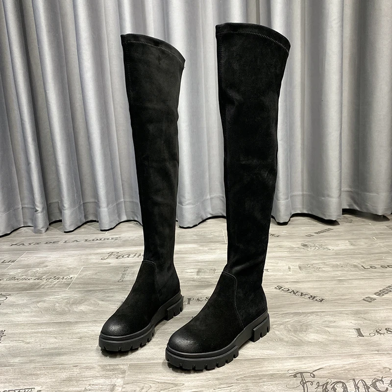 

BELLECOM 2019 Autumn Women's Shoes Rough Skin Of Sheep With Flange Elastic Force Boots Thin Boots Fashionable Overknee Boots