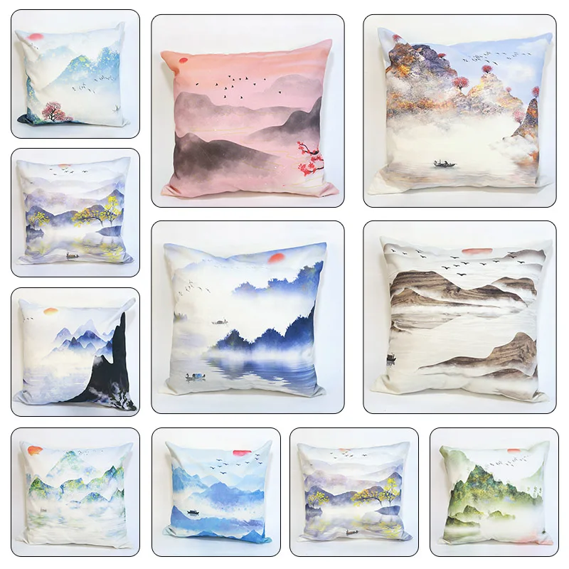 

Landscape Cushion Cover Pillow Case Mountain View 45 * 45cm Polyester Cushion Cover Simple Sofa Bed Home Pillow Case