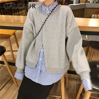 

GALCAUR Patchwork Striped Asymmetrical Sweatshirts Female Double-layer Batwing Long Sleeve Sweatshirt For Women Fashion 2020 New