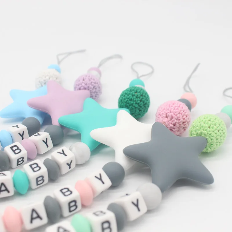 Personalized Handmade Baby Pacifier Clips Holder Chain Safe Soother Silicone Pacifier Chains Five Star Baby Teether Teething