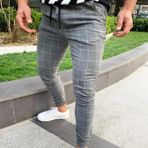 Pantalon chandal hombre Модные мужские эластичные повседневные узкие брюки в клетку с принтом на завязках спортивные штаны - Цвет: Dark Gray