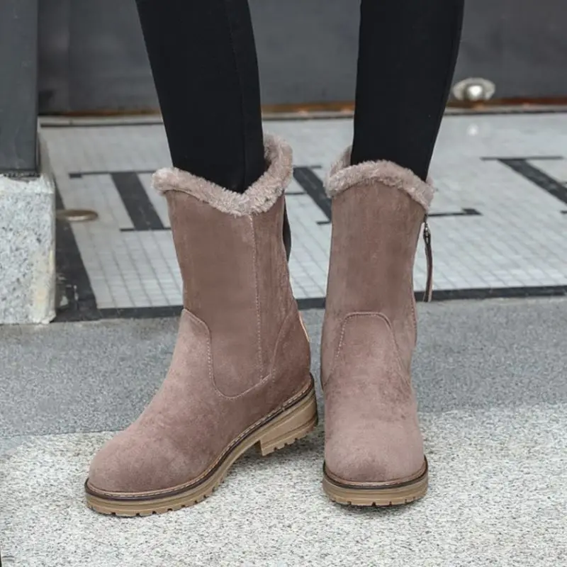 FITWEE Women Zipper Warm Mid Calf Boots Keep Warm Winter Snow Boots Daily Outdoor Flats Daily Shoes Woman Work Size 34-43