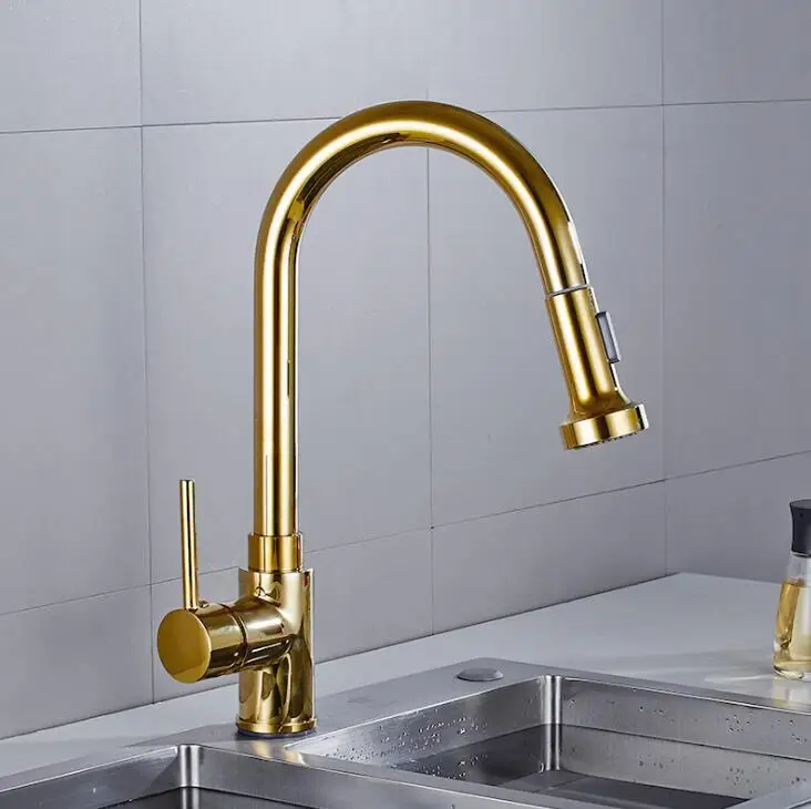Gold Finished Выдвижной кухонный смеситель черный смеситель горячей и холодной воды Кухонная Раковина краны бортике одной ручкой смесители MLE89019 - Цвет: Gold Finished