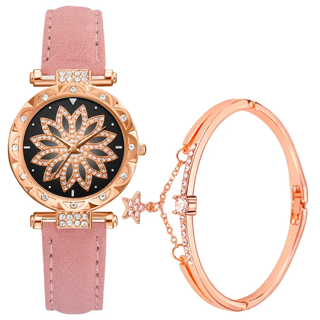 Luxury Ladies Watch Rhinestone dial Watch Fashion simple Star Flowers Belt Ladies Bracelet Quartz Watch Gift relogio feminino - Color: E