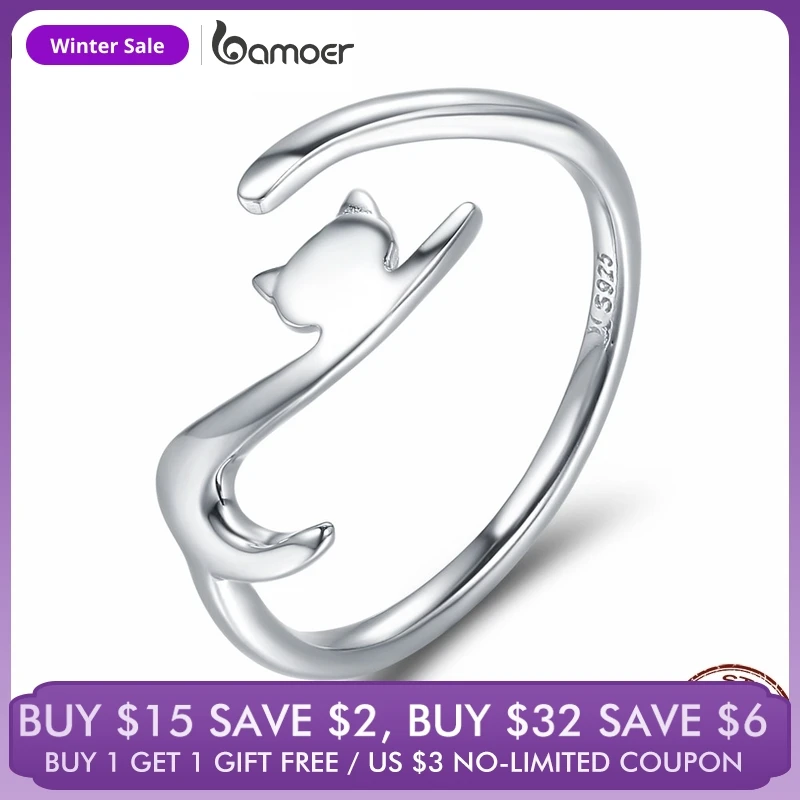 

BAMOER 100% 925 Sterling Silver Sticky Cat with Long Tail Finger Ring Women Ring Adjustable Engagement Ring Jewelry SCR220