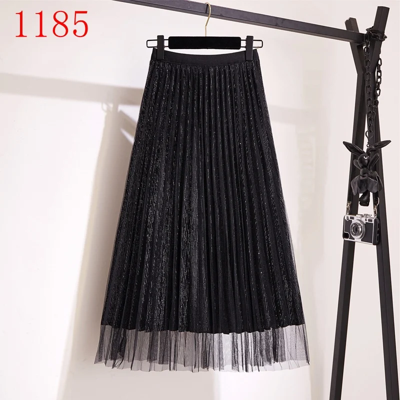 black 1185 GIGOGOU люрекс Женские Плиссированные Юбки миди Весна Лето шик леди Высокая талия линия юбка Мода Кружева Тюль Макси Юбка Femme - Цвет: black 1185