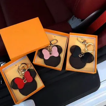 

Luxury French Bulldog Mickey Keychain High Quality Brown spots Pattern Leather Old Flower Leather Circle Buckle Keychains