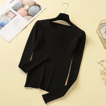 

Women Sweater Long Sleeve Slim Knitted Pullovers Candy Solid Color Casual Sweaters Autumn Winter Female V-neck Sweater Lady Tops
