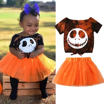 

Halloween Kids Clothing Baby Girls Clothes Set Short Skull Skeleton Print T-Shirt For Girls Tops Orange Mesh Tutu Skirt Girl Set