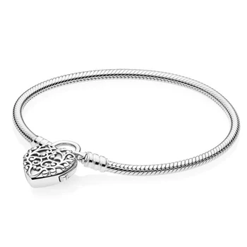 

925 Sterling Silver Bracelet Moments Regal Heart Padlock Clasp Smooth Snake Bracelet Bangle Fit Bead Charm Diy Fine Jewelry