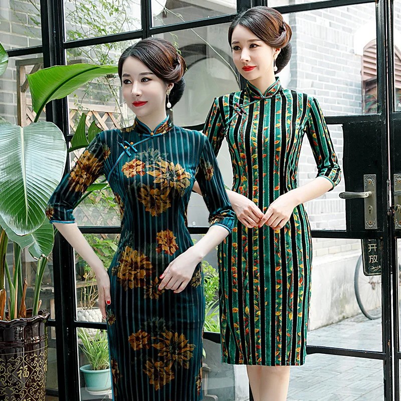 Китайское традиционное велюровое женское платье Cheongsam с зеленым цветочным принтом, тонкое свадебное платье Qipao, Осеннее новое платье, большие размеры 4xl Vestidos
