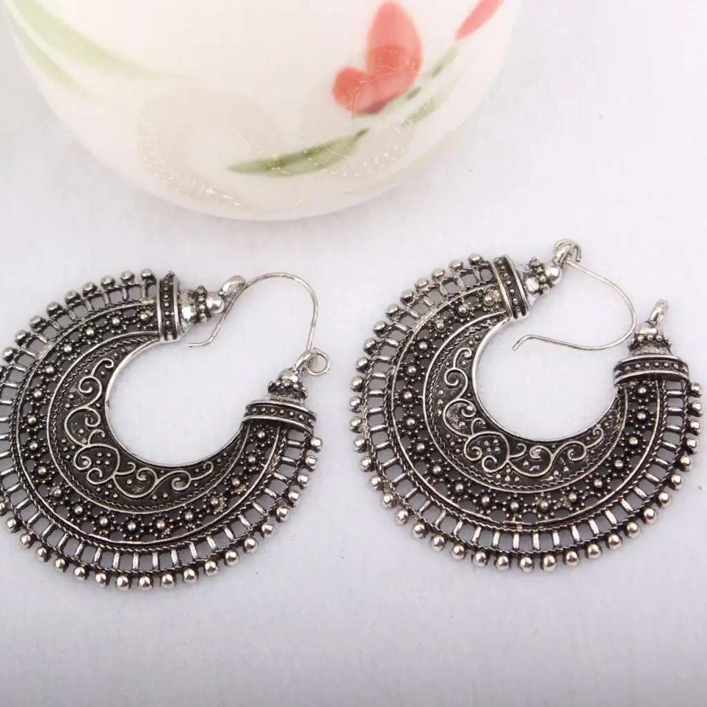 Vintage Style Gorgeous Boho Silver Hoop Dangle Earrings Tribal Jewelry