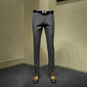 

mens dress pants grey stripe slim fit suit pants formal pant for business man wedding groom 2019 autumn fashion casual trousers