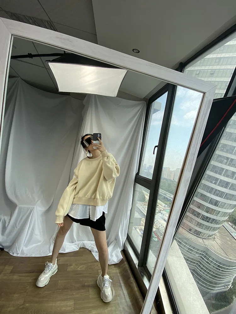 GetSpring Women Hoodie Cotton Patchwork Womens Sweatshirts Pullove Fake Two Long Sleeve Women Coat Loose Womens Hoodies Autumn