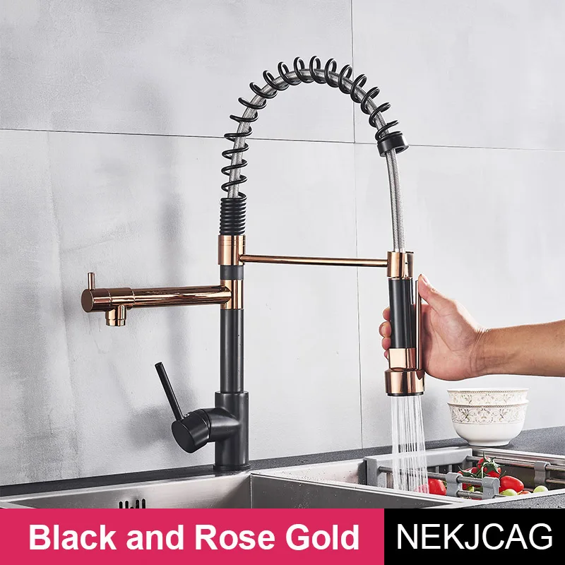 Весенний кухонный кран нажимной разбрызгиватель с двойной насадкой смеситель с Одной ручкой раковина смеситель для горячей и холодной воды 360 in - Цвет: Black and Rose Gold