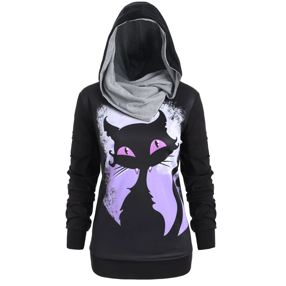 

ROSEGAL Plus Size Convertible Cat 3D Print Halloween Hoodie Women Gothic Pullovers Fall Tops Casual Catoon Sweatshirts 2019
