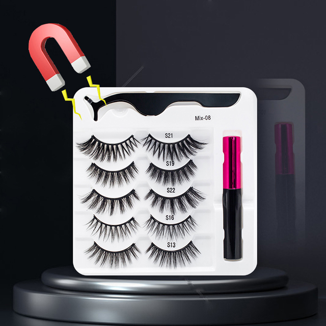 3/5/7Pairs Magnetic Eyelashes False Lashes Repeated Use Eyelashes Waterproof Liquid Eyeliner With Tweezer Makeup Set