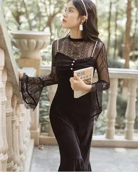 

2019 Autumn Black Sexy Lace Bodycon Dress Flare Sleeve Lace Top + Spaghetti Strap Dress Women Two Piece Set Robe Femme