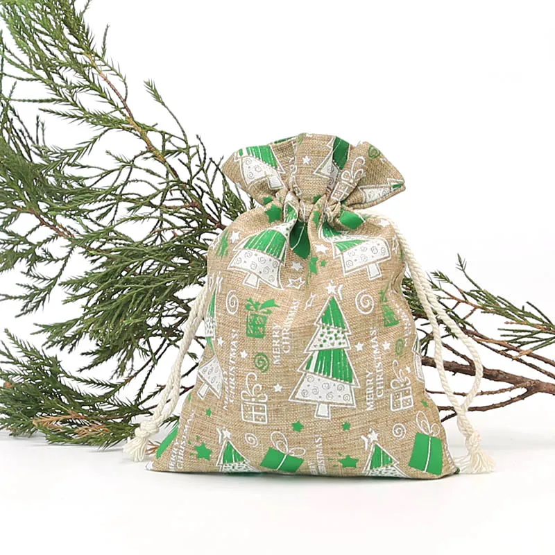 13 * 18Cm Christmas tree offset printed gift bag holiday gift storage bag 100Pcs jewelry imitation linen drawstring bag