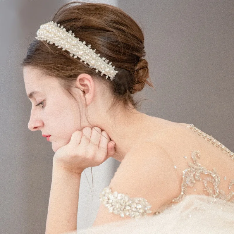 European and American Bride Pearl Headdress Celebrity Style Crystal Wide Hair Band Retro All-match Wedding Accessories